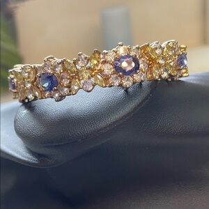 Gold-Tone CZ Floral Cluster Bracelet with tanzinte Blue and Yellow Stones